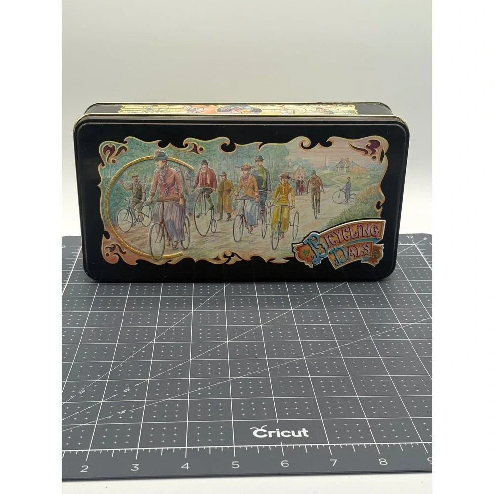 Vintage Fox's English Biscuits Tin Bicycling Days Victorian Bicycle Scene Black
